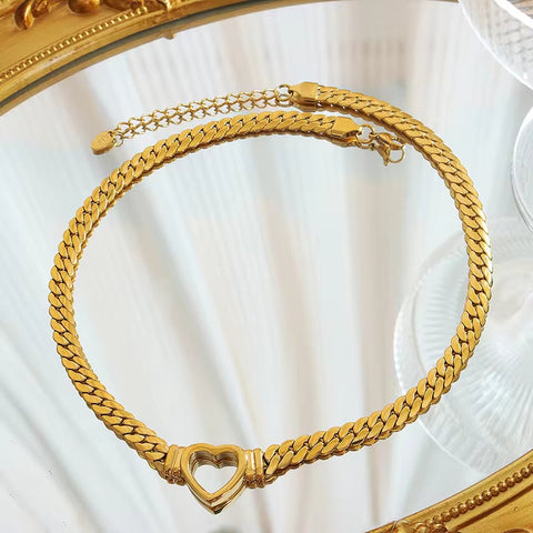 18K PVD Gold Plated Heart Shape Stainless Steel Cuban Chain Necklace Tarnish Free & Waterproof Jewelry