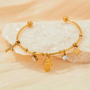 Tarnish Free Gold Plated Open Cuff Bangle Stainless Steel Eye Heart Zircon Cross Hasma Hand North Star Charms Bracelets & Bangle