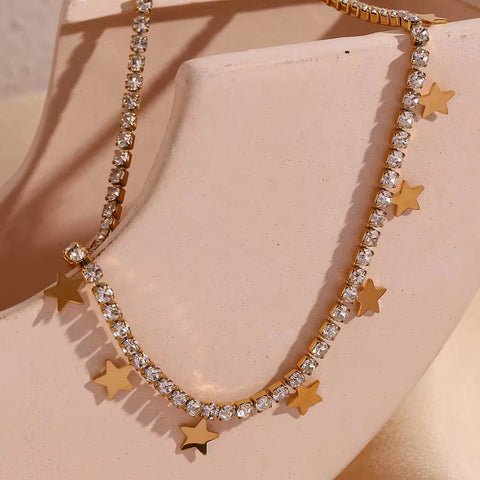Shining Zircon Tennis Chain Necklace Gold Plated Star Charm Necklace Stainless Steel Jewelry