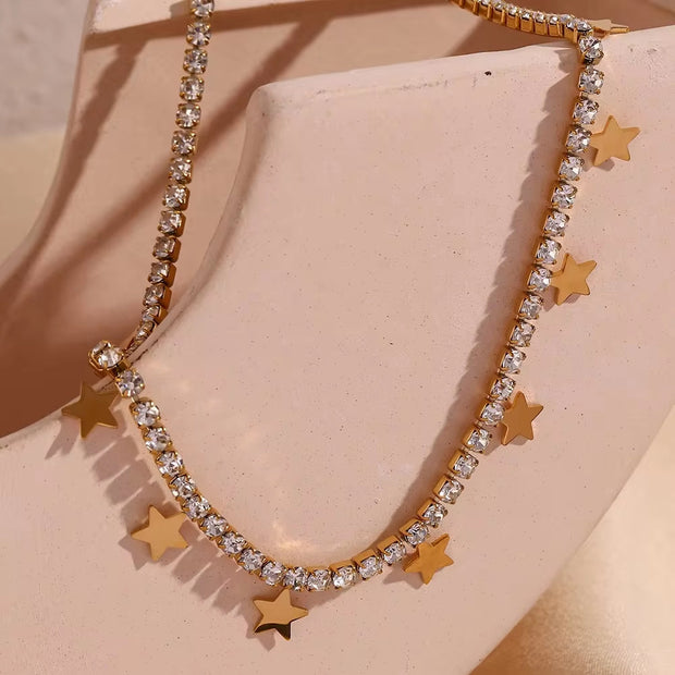 Shining Zircon Tennis Chain Necklace Gold Plated Star Charm Necklace Stainless Steel Jewelry