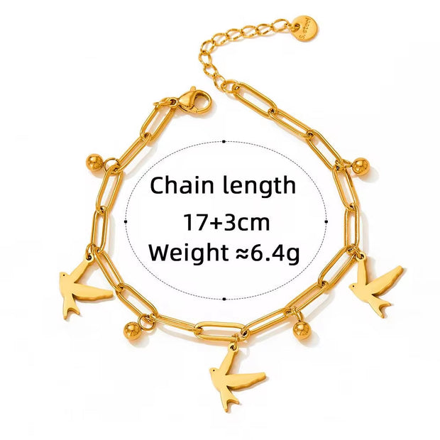2024 Women Gold Plated Paper Clip Chain Bracelet Swallow Bird Pendant Necklace Jewelry Set