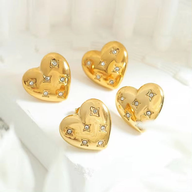 Fashion Jewelry Luxury Cubic Zirconia Stainless Steel 18K Gold Plated Love Heart Stud Earrings Charm Women