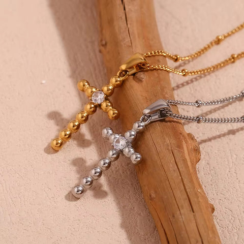 Dainty Zircon Cross Necklace Beaded Pendant Necklace Gold Plated Stainless Steel Christmas Gift for Women