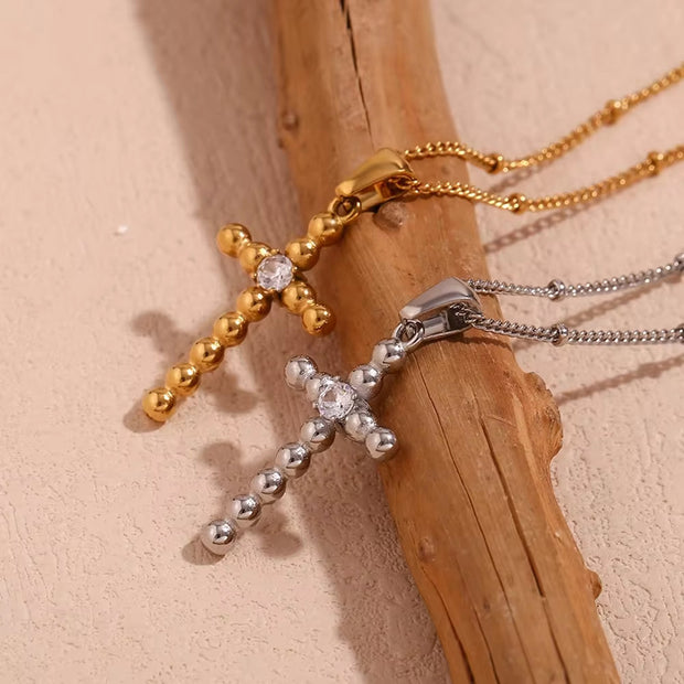 Dainty Zircon Cross Necklace Beaded Pendant Necklace Gold Plated Stainless Steel Christmas Gift for Women