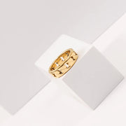 Tarnish Free Croissant Ring 18K Gold IP Plated Stainless Steel Striped Ring Miami Cuban Chain Chunky Ring
