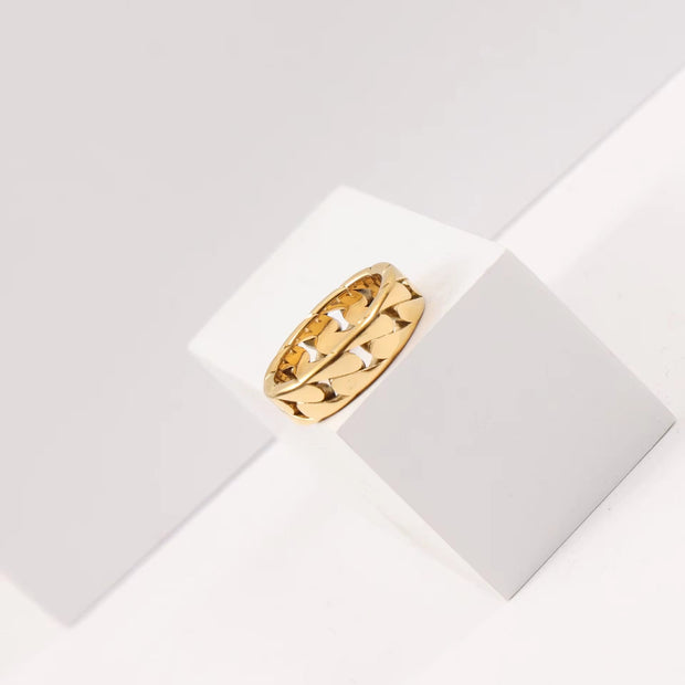 Tarnish Free Croissant Ring 18K Gold IP Plated Stainless Steel Striped Ring Miami Cuban Chain Chunky Ring