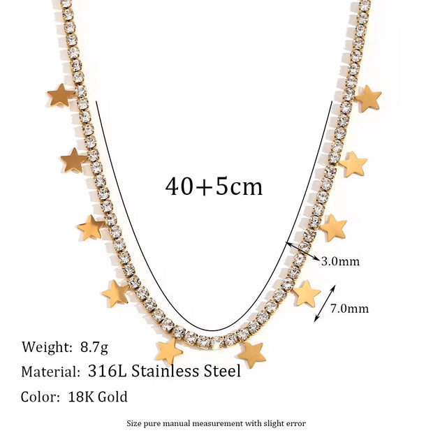 Shining Zircon Tennis Chain Necklace Gold Plated Star Charm Necklace Stainless Steel Jewelry