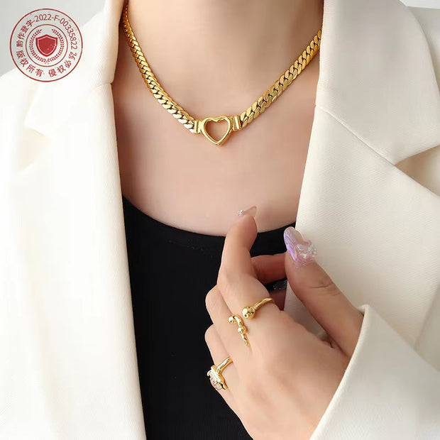 18K PVD Gold Plated Heart Shape Stainless Steel Cuban Chain Necklace Tarnish Free & Waterproof Jewelry