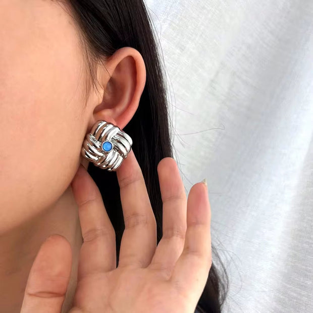 Classic Textured Geometric Stainless Steel Ear Stud Girl Women'S Golden Jewelry Square Knot Earrings Wholesale
