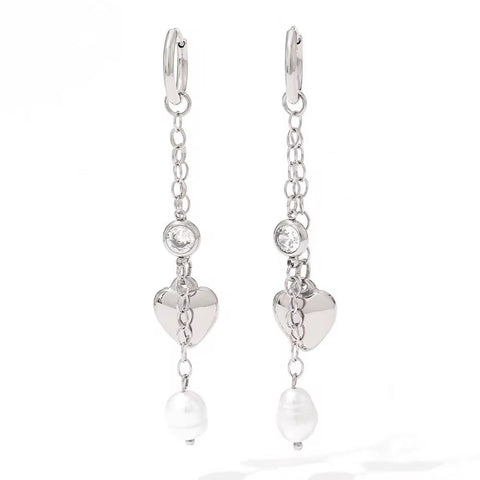 18K Gold Plated Stainless Steel Jewelry Tassel Heart Fresh Water Pearl Cubic Zirconia Drop Earrings for Womens