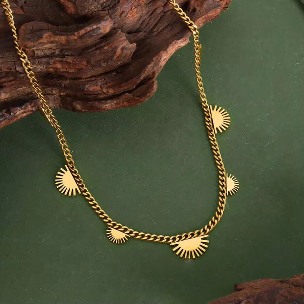 Stainless Steel Gold Plated Charm Necklace Sunrise Sun Cuban Chain Necklace Jewelry for Women