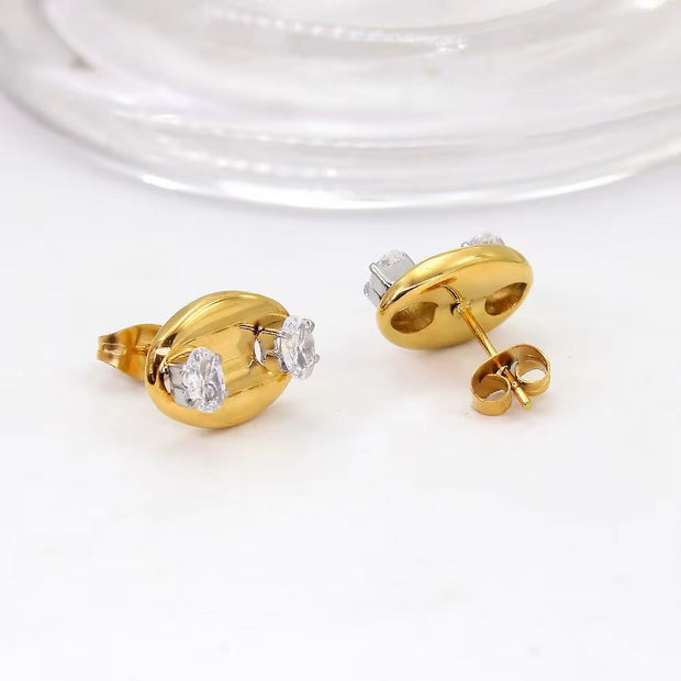 Bling Zircon Inlaid Coffee Bean Ear Studs 18K Gold Plated Stainless Steel Earrings for Women Girls Prevent Allergy