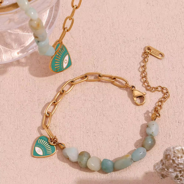 Splicing Amazonite Evil Eye Jewelry Gold Plated Charm Necklace Gold Plated Gemstone Jewelry Stainless Steel