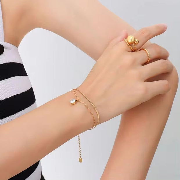 Custom Double Layer 18K Gold Plated Chain Stainless Steel Link Zircon Chain Jewelry Bracelets Ladies