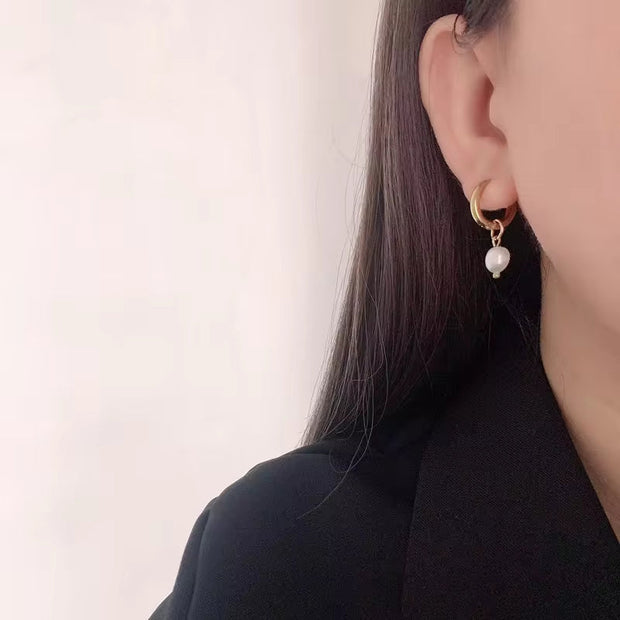 Classic 18K Gold Plated Natural Pearl Drop Earrings Waterproof Stainless Steel Pearl Huggie Earrings