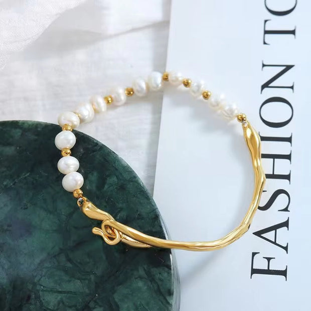 Designs Women Jewelry 18K Gold Plated Stainless Steel Beaded Fresh Water Pearl Bangle Bracelet for Women