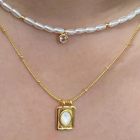 Waterproof Stainless Steel Seed Bead Choker Necklace Fashion Baroque Freshwater Pearl round Zircon Pendant Necklaces