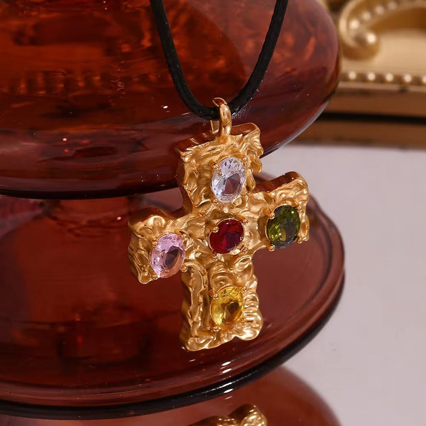 Colorful Zircon Cross Pendant Necklace for Women Rope Chain Gold Plated Jewelry Stainless Steel Necklace
