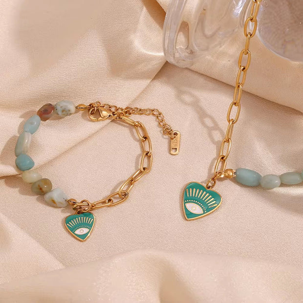 Splicing Amazonite Evil Eye Jewelry Gold Plated Charm Necklace Gold Plated Gemstone Jewelry Stainless Steel