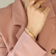 Stainless Steel Beaded Elegant Splicing 18K Gold Plated Pearl Figaro Chain Bracelet