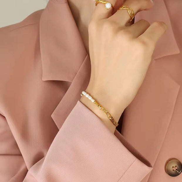 Stainless Steel Beaded Elegant Splicing 18K Gold Plated Pearl Figaro Chain Bracelet